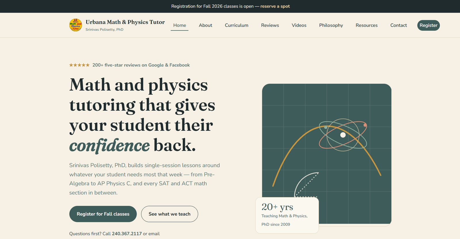 Homepage screenshot of Urbana Math and Physics Tutor